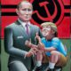 Painting of Donald Trump on Vladimir Putin's knee