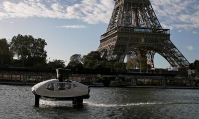 Photo of a SeaBubble going past the Eiffel Tower in Paris