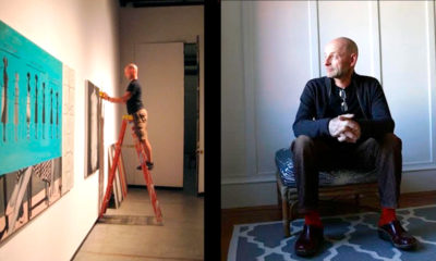 Side-by-side photos of Ed Lund. On the left, he is attaching art to a wall for an exhibit. At right, he sits in a chair.