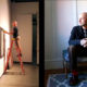 Side-by-side photos of Ed Lund. On the left, he is attaching art to a wall for an exhibit. At right, he sits in a chair.