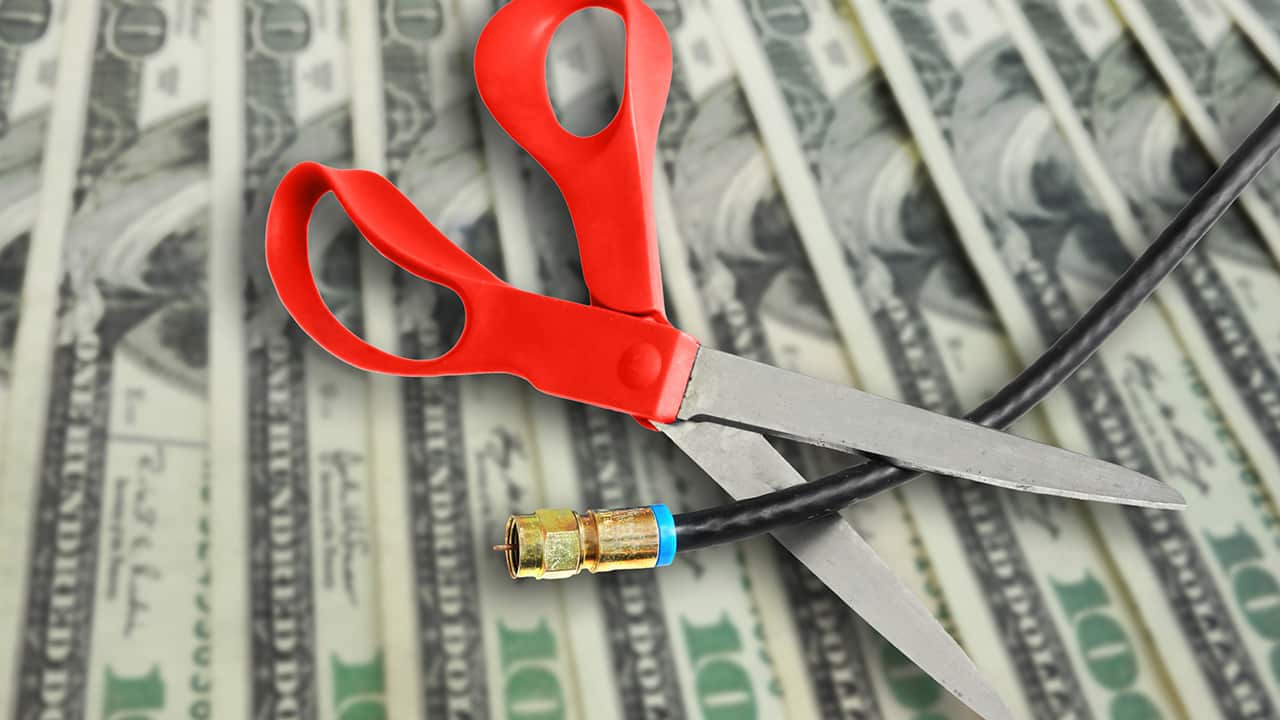 Composite image of money, scissors and cable TV cord