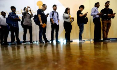 Photo of job seekers lining up at a job fair