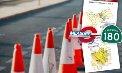 Composite image of a highway, safety cones, map, Measure C logo and Highway 180 sign symbolizing the Measure C transportation tax and