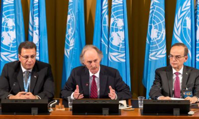 Photo of Constitutional Committee Co-Chairman Ahmad Kuzbari, representative of the Syrian Government, Geir O. Pedersen, Special Envoy for Syria and the Constitutional Committee Co-Chairman, Hadi al-Bahra, representative of the Syrian opposition