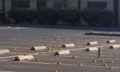 Photo of crime scene evidence markers at the parking lot of the Searles Elementary School in Union City