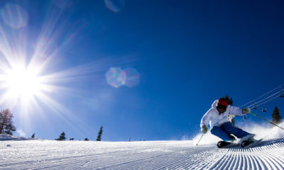 Photo of a skier coming down the slopes at China Peak