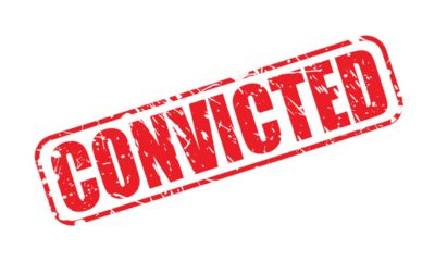 The word "convicted" in red against a white background