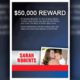 Composite of a murder victim with her child and $50,000 reward headline