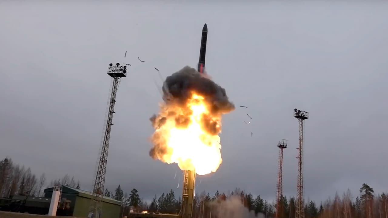 Photo of an intercontinental ballistic missile lifts off from a truck-mounted launcher somewhere in Russia