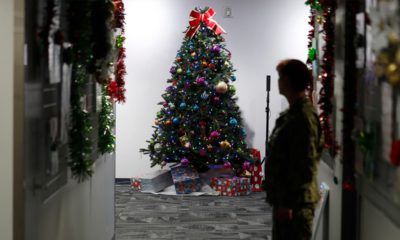 Photo of a Christmas tree in the NORAD Tracks Santa Center at Peterson Air Force Base