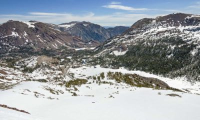 Photo of the view from Gaylor Peak down to the east side of Tioga Pass during winter