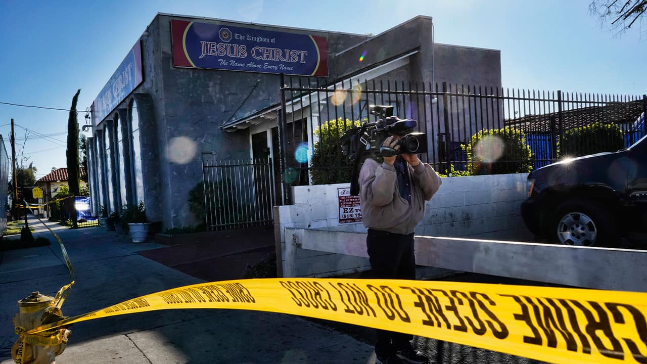 Photo of crime scene tape around the grounds of the Kingdom of Jesus Christ Church in the Van Nuys section of Los Angeles