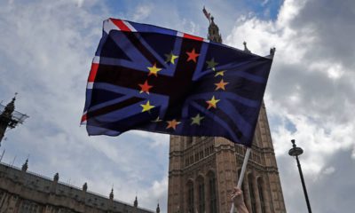 Photo of a pro EU protestor waving flags opposite the House of Parliament in London