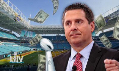 Photo illustration of Rep. Devin Nunes at the Super Bowl with money flying around him