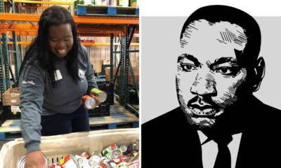 Montage of a photo of a volunteer sorting cans of food a homeless shelter and a line drawing of Martin Luther King Jr.