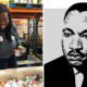 Montage of a photo of a volunteer sorting cans of food a homeless shelter and a line drawing of Martin Luther King Jr.