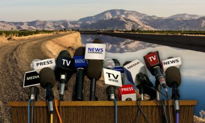 A montage of reporter microphones, a canal and a mountain symbolizing covering California water issues