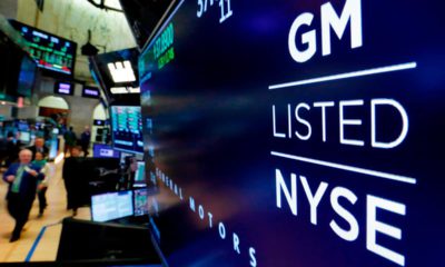 Photo of a logo for General Motors at the New York Stock Exchange