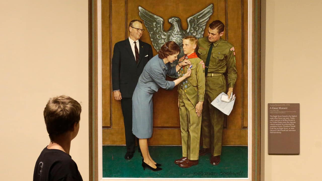 Photo of one of the twenty-three original, Boy Scout-themed Norman Rockwell paintings during an exhibition at the Church History Museum in Salt Lake City
