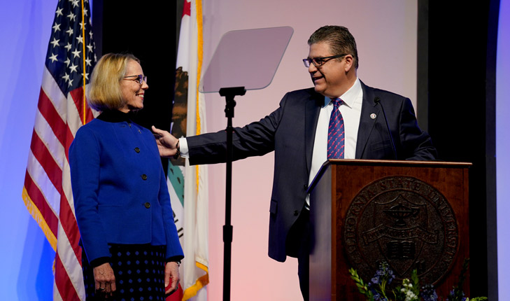 Photo of Joan Eaton with Fresno State President Joseph I. Castro