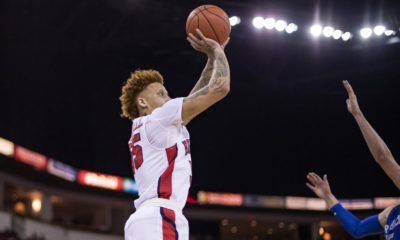 Photo of Fresno State guard Noah Blackwell shooting a jump shot against Air Force's