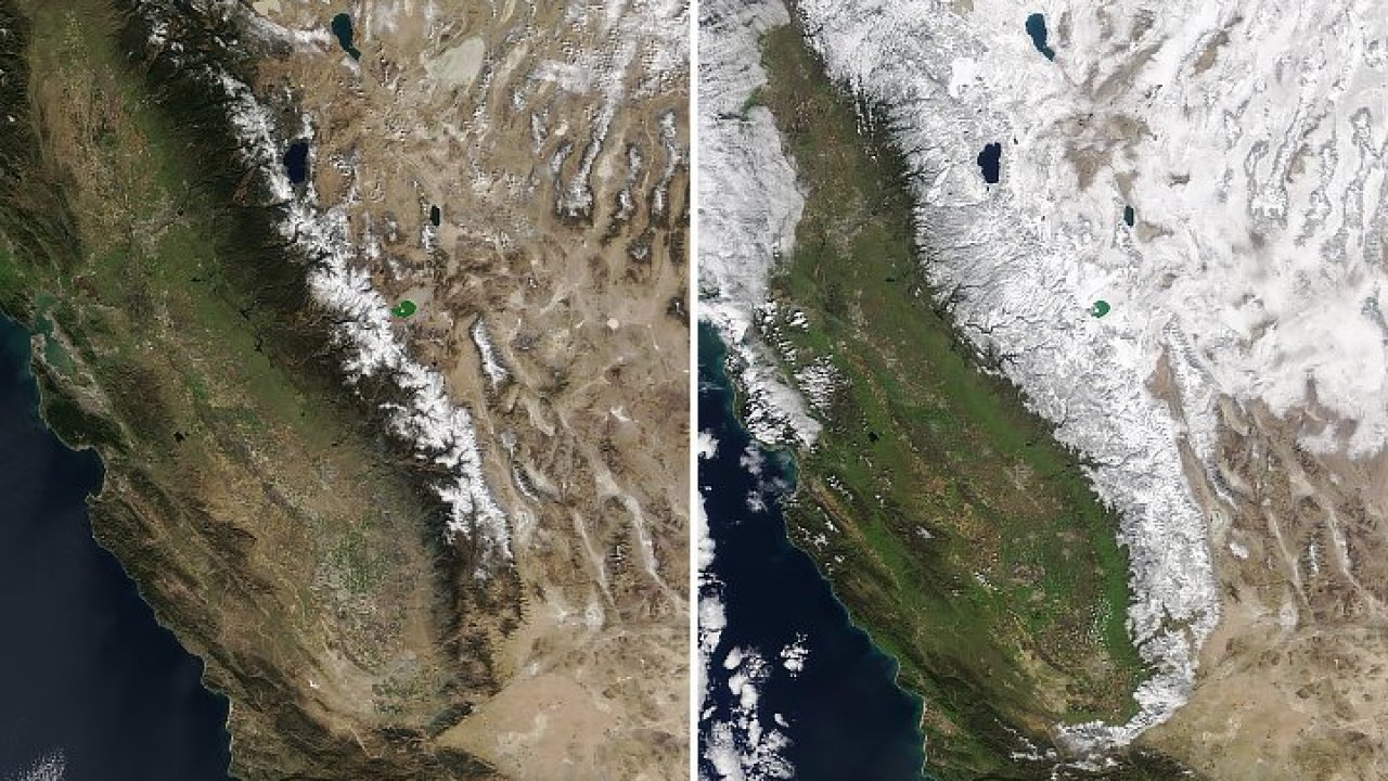 NASA Satellite images comparing California's 2019 and 2020 February snowpacks