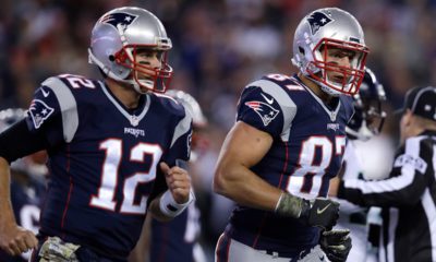 Photo of quarterback Tom Brady (12) and tight end Rob Gronkowski