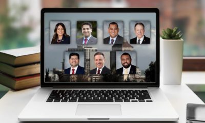 composite of 7 Fresno City Council mug shots on a laptop symbolizing online meetings during COVID-19