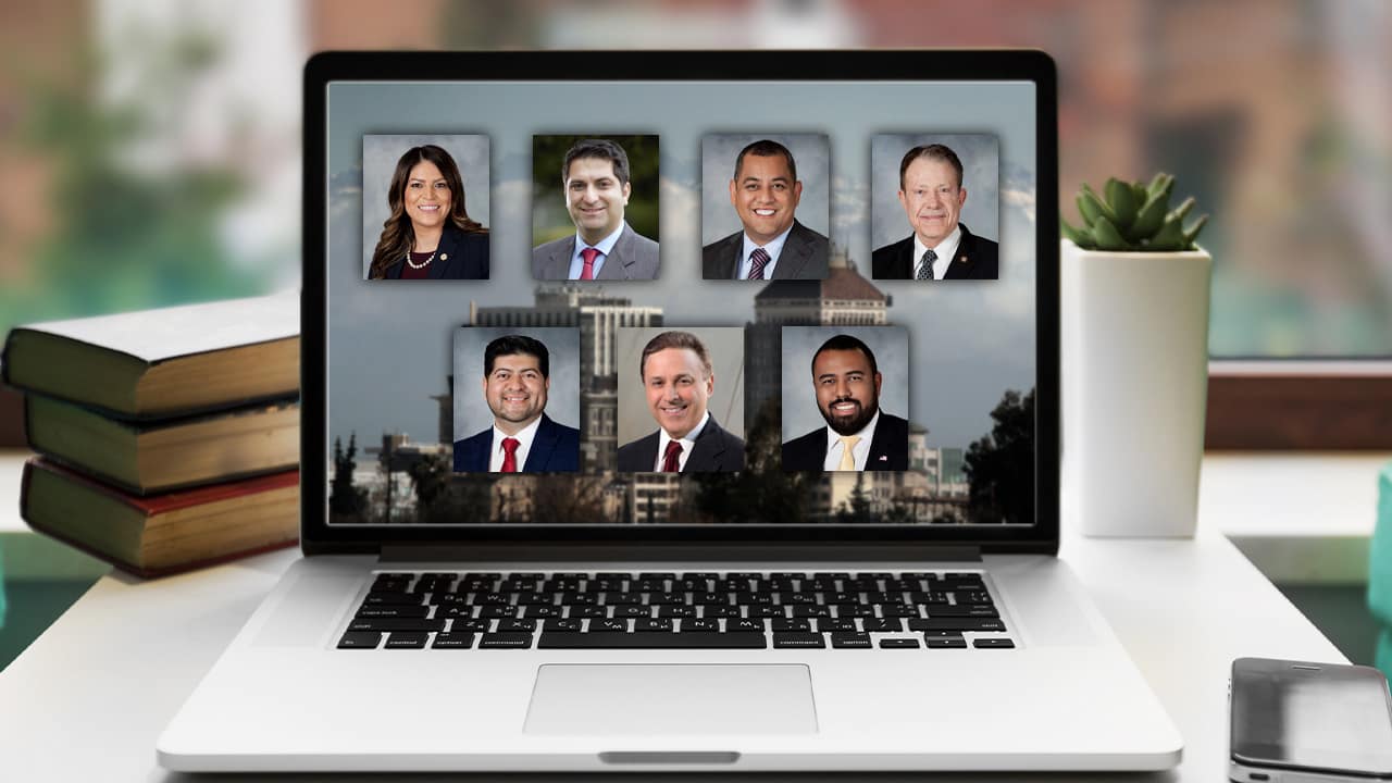 composite of 7 Fresno City Council mug shots on a laptop symbolizing online meetings during COVID-19