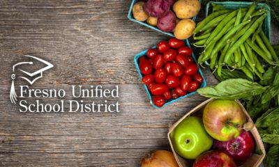 Composite image of Fresno Unified School District logo and assorted fresh fruits and vegetables