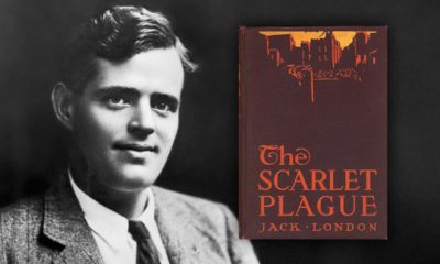 Photo combination of Jack London and his novel, The Scarlet Plague