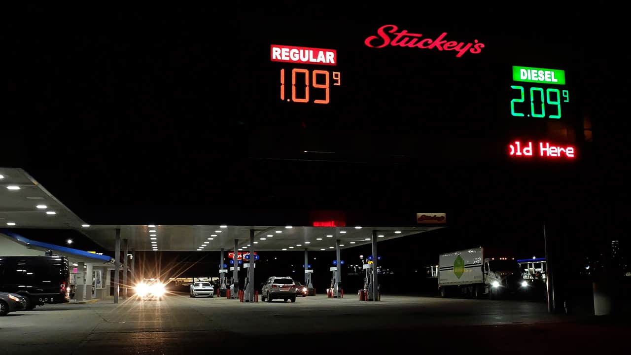 Photo of a gas station showing gas prices