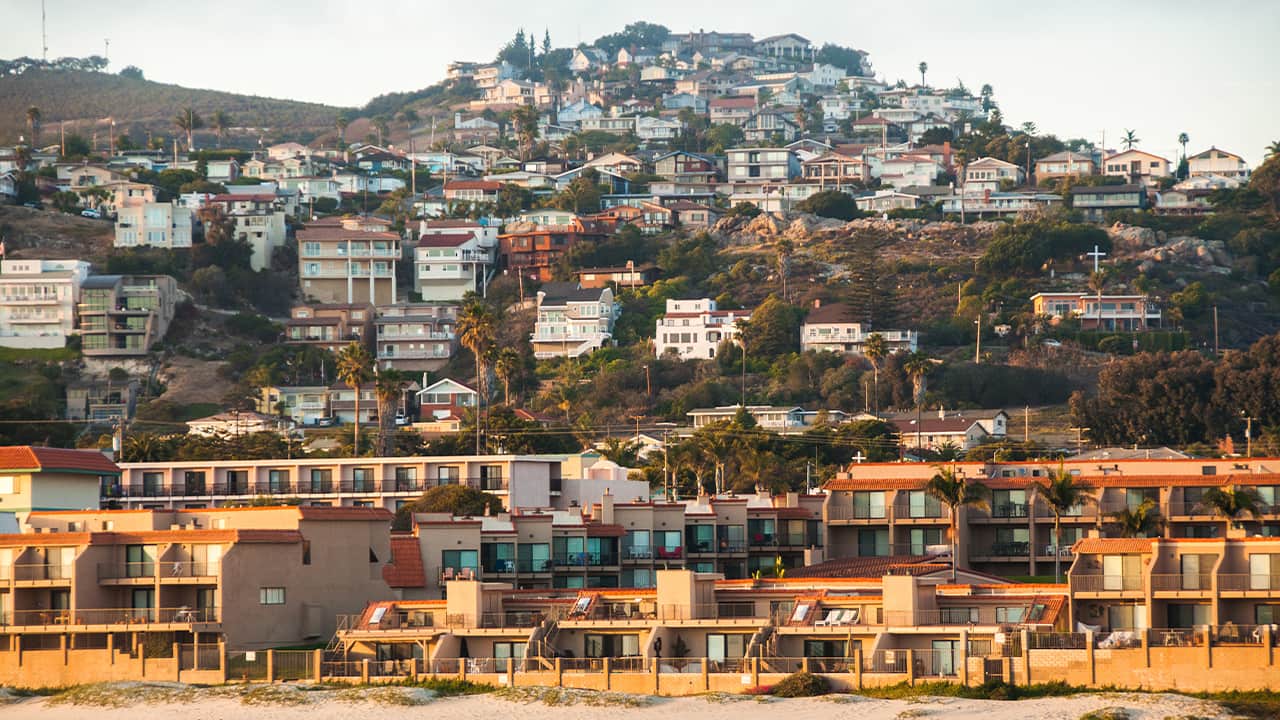 Photo of beach and town of Pismo Beach, California