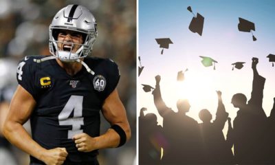 Side-by-side images of Raiders QB Derek Carr and graduates tossing their graduation caps