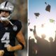 Side-by-side images of Raiders QB Derek Carr and graduates tossing their graduation caps