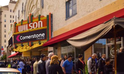 Image of people lining up outside Cornerstone Church in Fresno, California