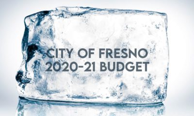 Image of the words City of Fresno 2020-21 Budget embedded in a block of ice
