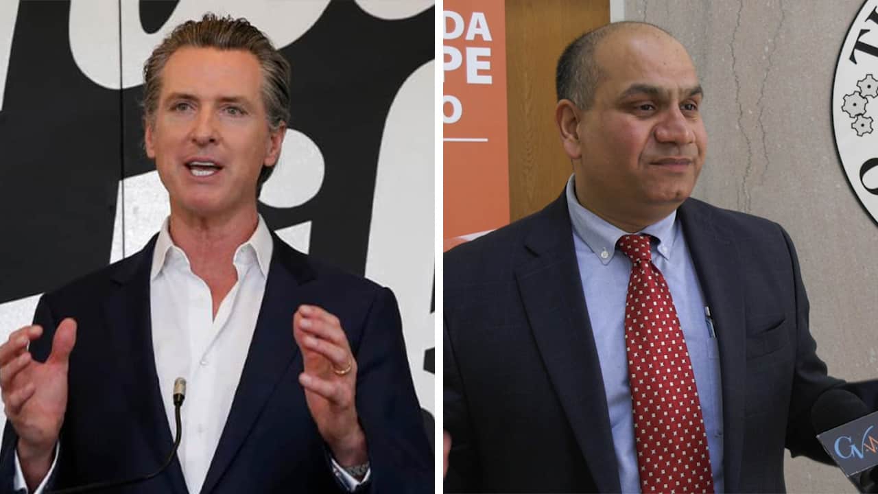 Side by side images of Gov. Gavin Newsom, left, and interim Fresno County Health Officer Dr. Rais Vohra