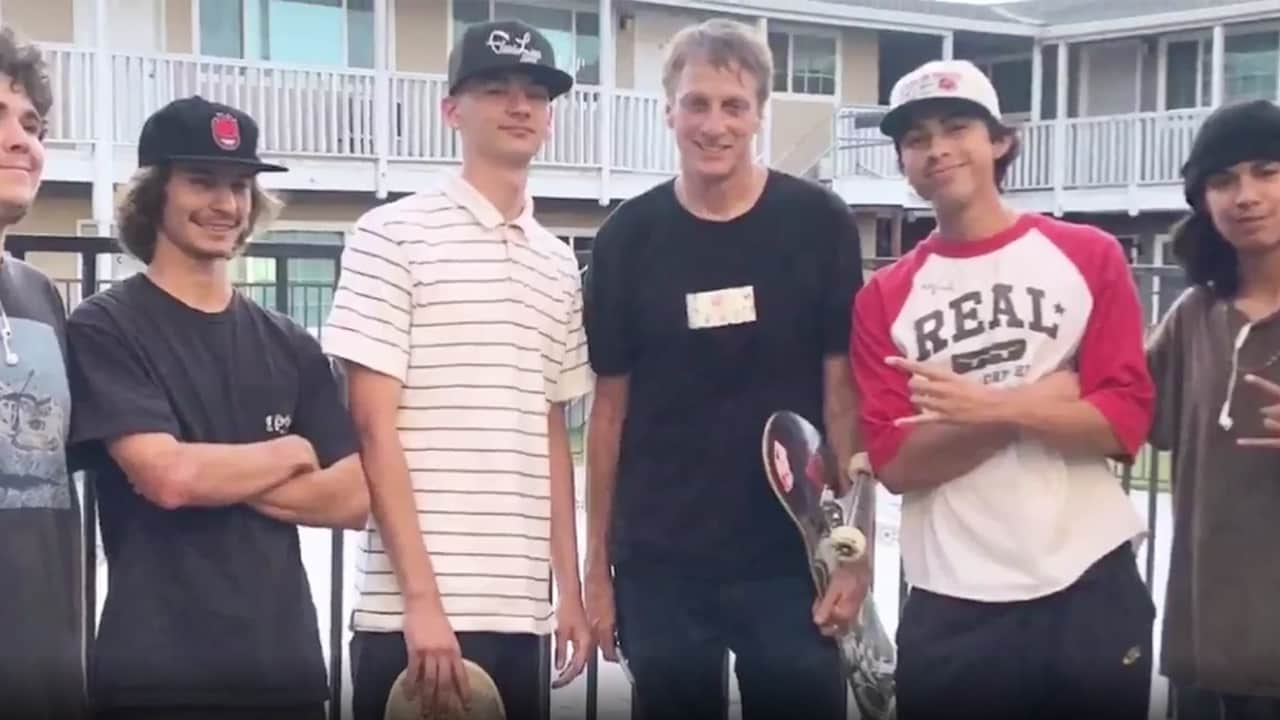 Image of Tony Hawk at other skateboarders shot at an apartment complex in Lemooore, California