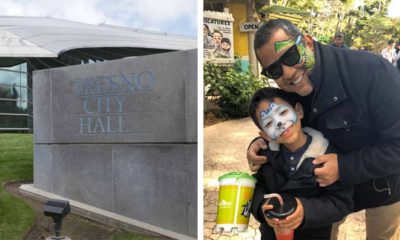 Side by side images of exterior of Fresno City Hall and councilman Miguel Arias and his son