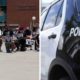 Side-by-side images of Black Lives Matter protesters and a Fresno Police Department cruiser