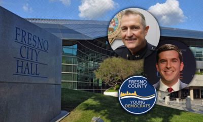 Montage of Fresno City Hall, police chief Andy Hall and councilman-elect Tyler Maxwell C