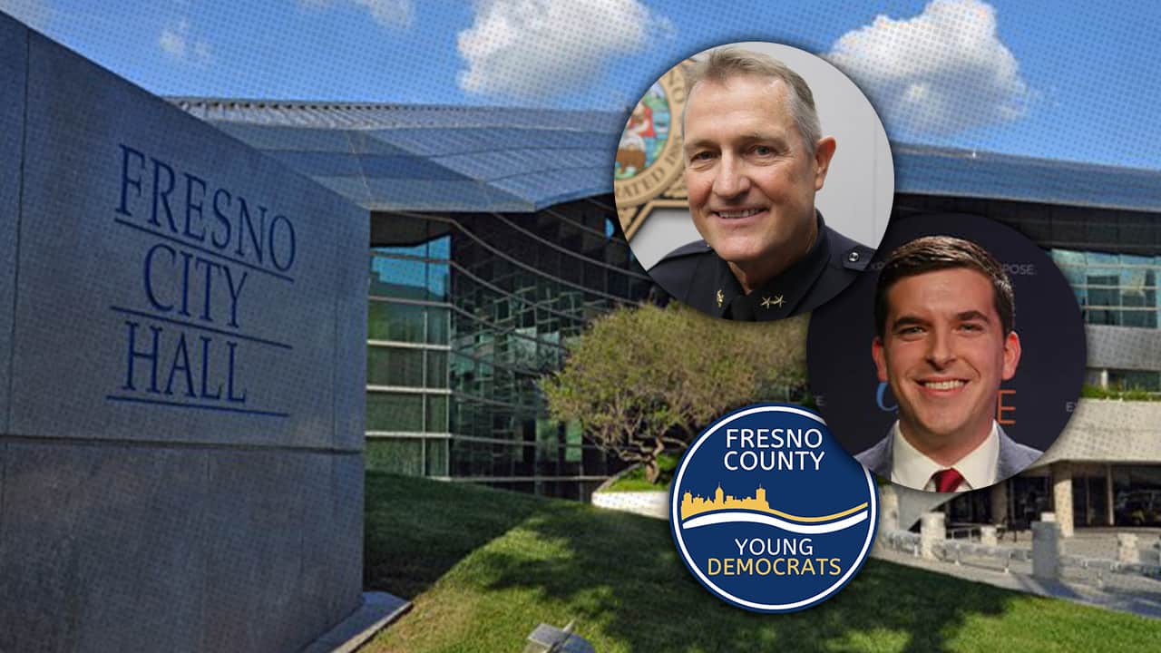 Montage of Fresno City Hall, police chief Andy Hall and councilman-elect Tyler Maxwell C