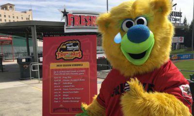 A tear flows from the eye of Parker, the Fresno Grizzlies mascot, over the cancellation of the 2020 minor league baseball season