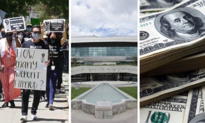 collage of Fresno police protests, City Hall and $50 bills signifying the Fresno city budgets