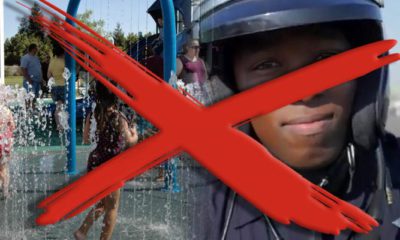 A red X over images of kids in a splash park and a police officer signifying that Fresno won't have a combined parks-public sales tax proposal on the November 2020 ballotfetye