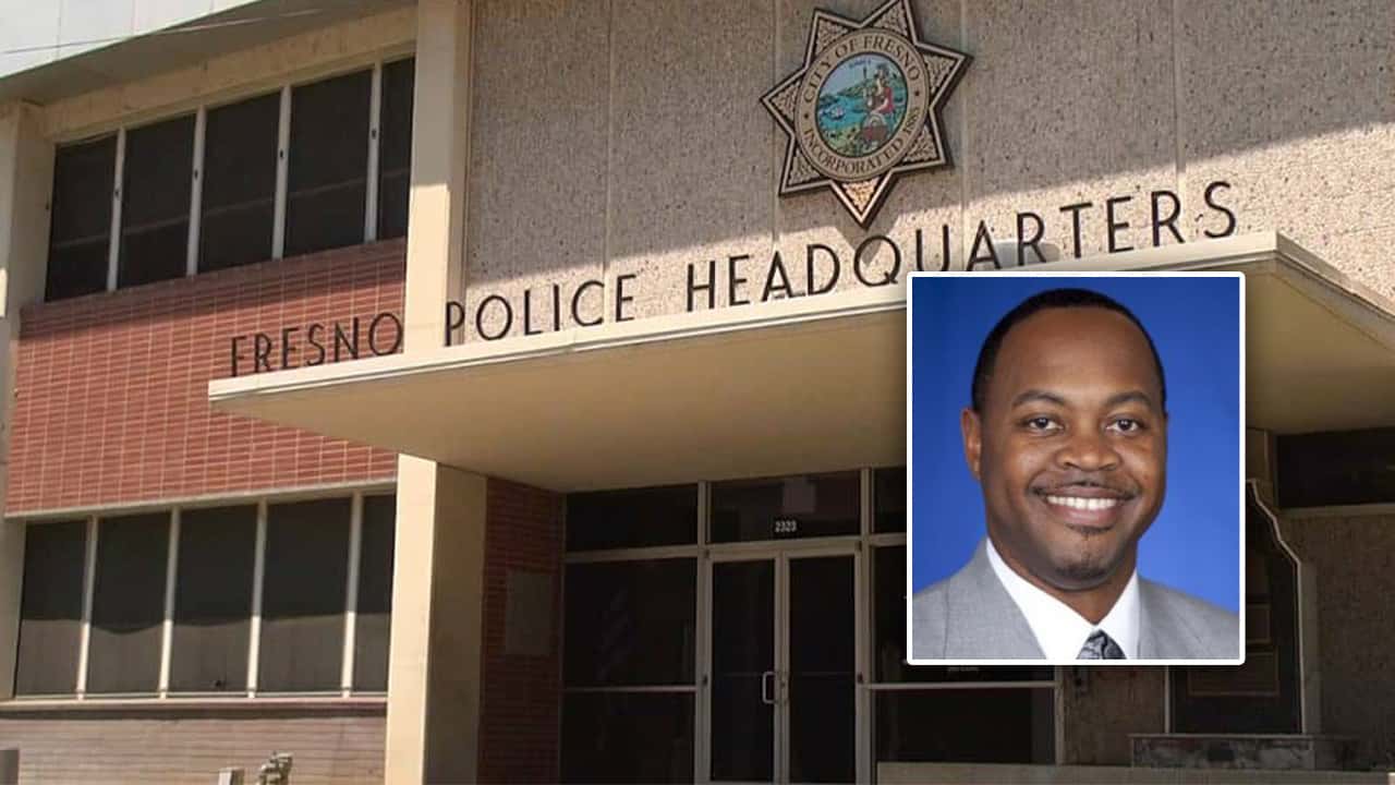 Portrait of Oliver Baines embedded into picture of front of Fresno Police headquarters