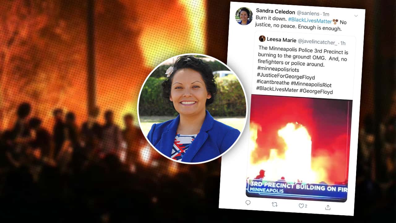 Portrait of Sandra Celedon combined with her controversial tweet on a background of a fire