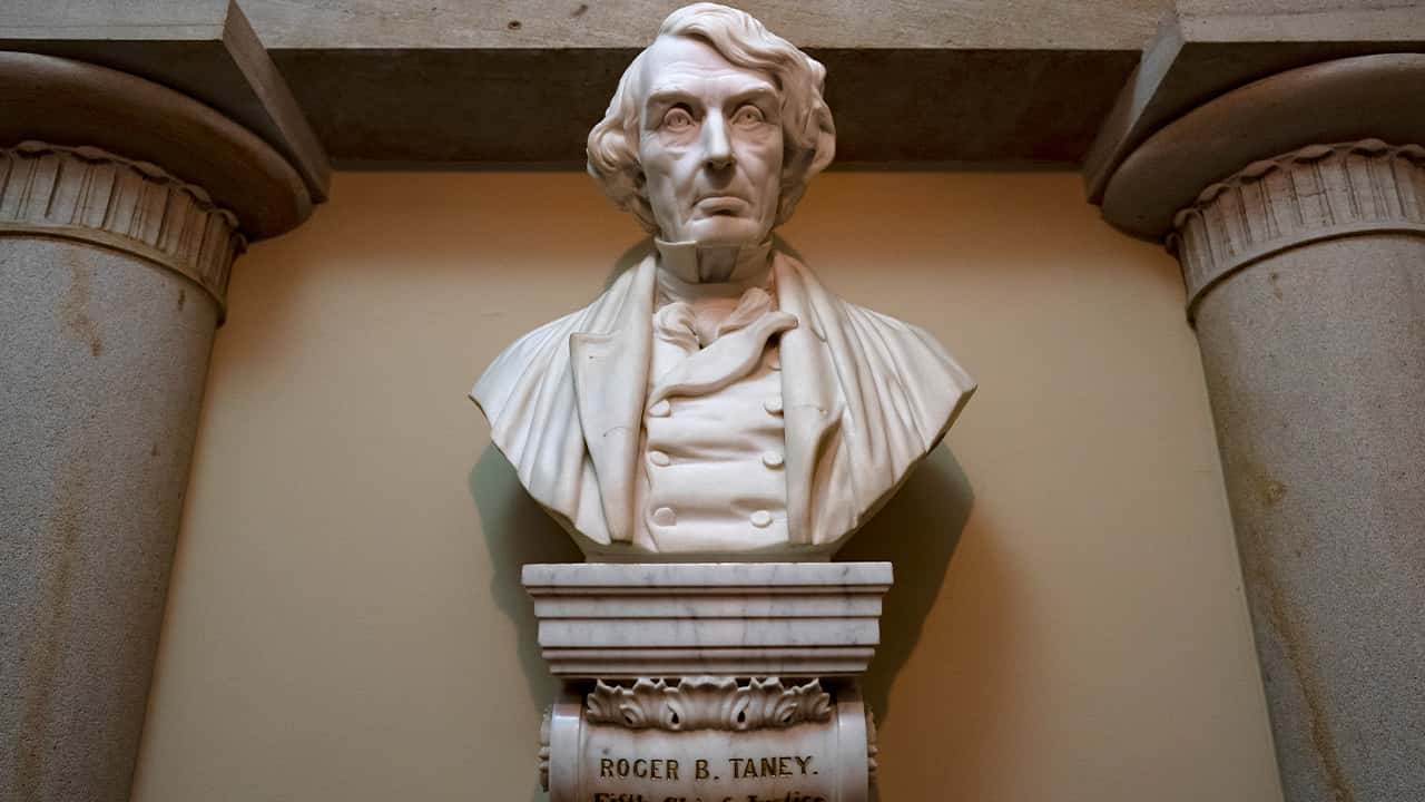 Photo of a marble bust of Chief Justice Roger Taney