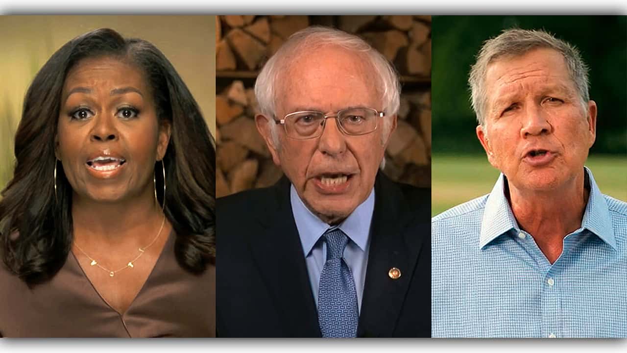 Photo of former first lady Michelle Obama, Sen. Bernie Sanders, I-Vt., and former Republican Ohio Gov. John Kasich